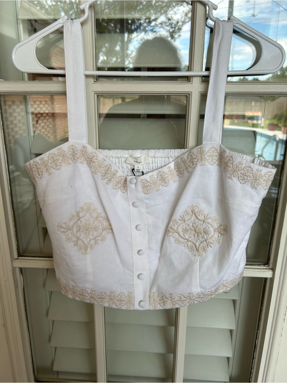 White Embroidered Button-Front Crop Top